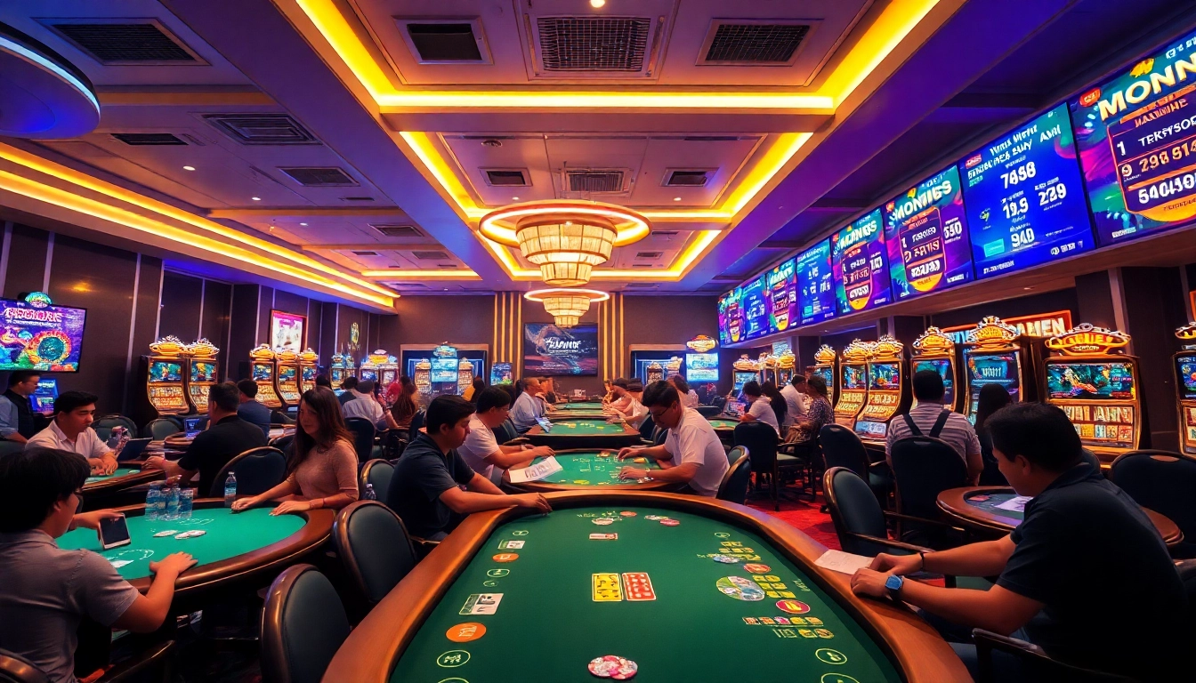 Exciting casino scene showcasing players at ev88win.live, engaging with gaming tables and vibrant decor.