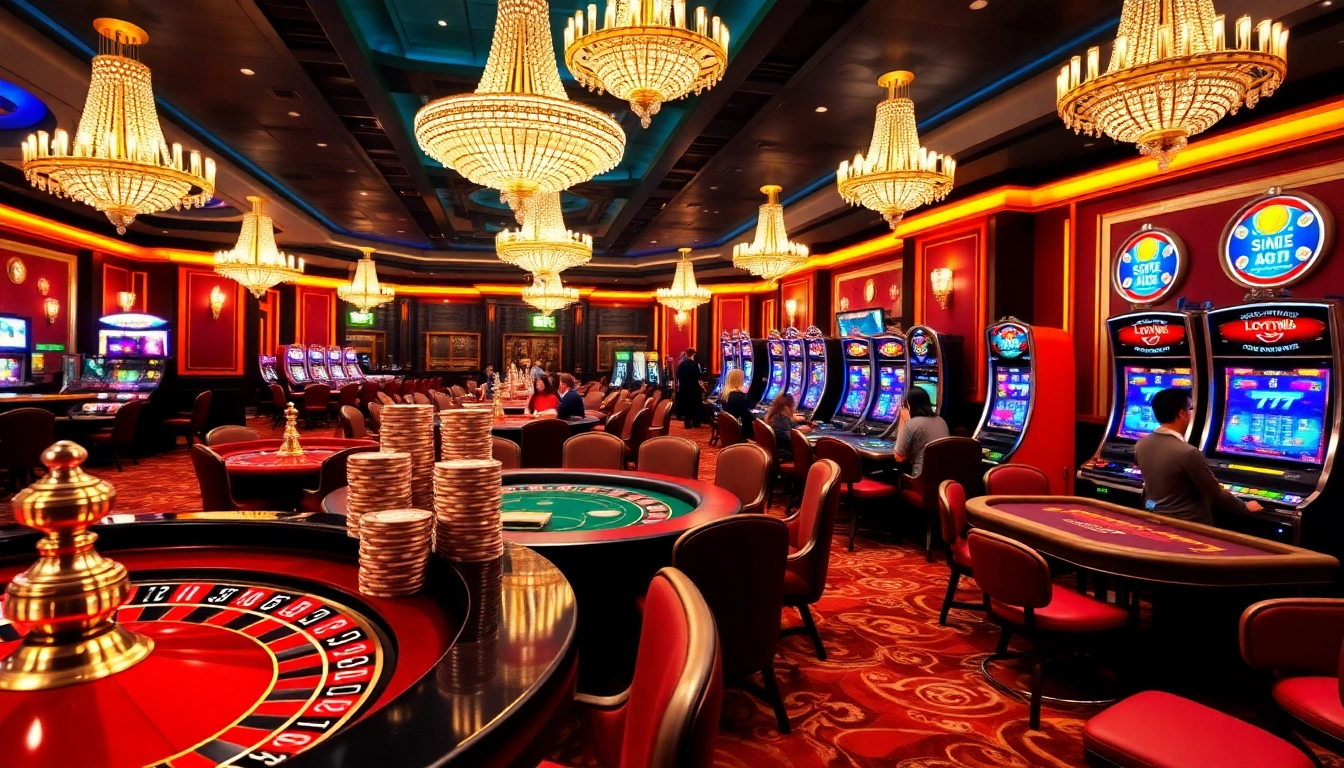 Exciting gambling scene at loto188.gb.net featuring poker tables and luxury slot machines.