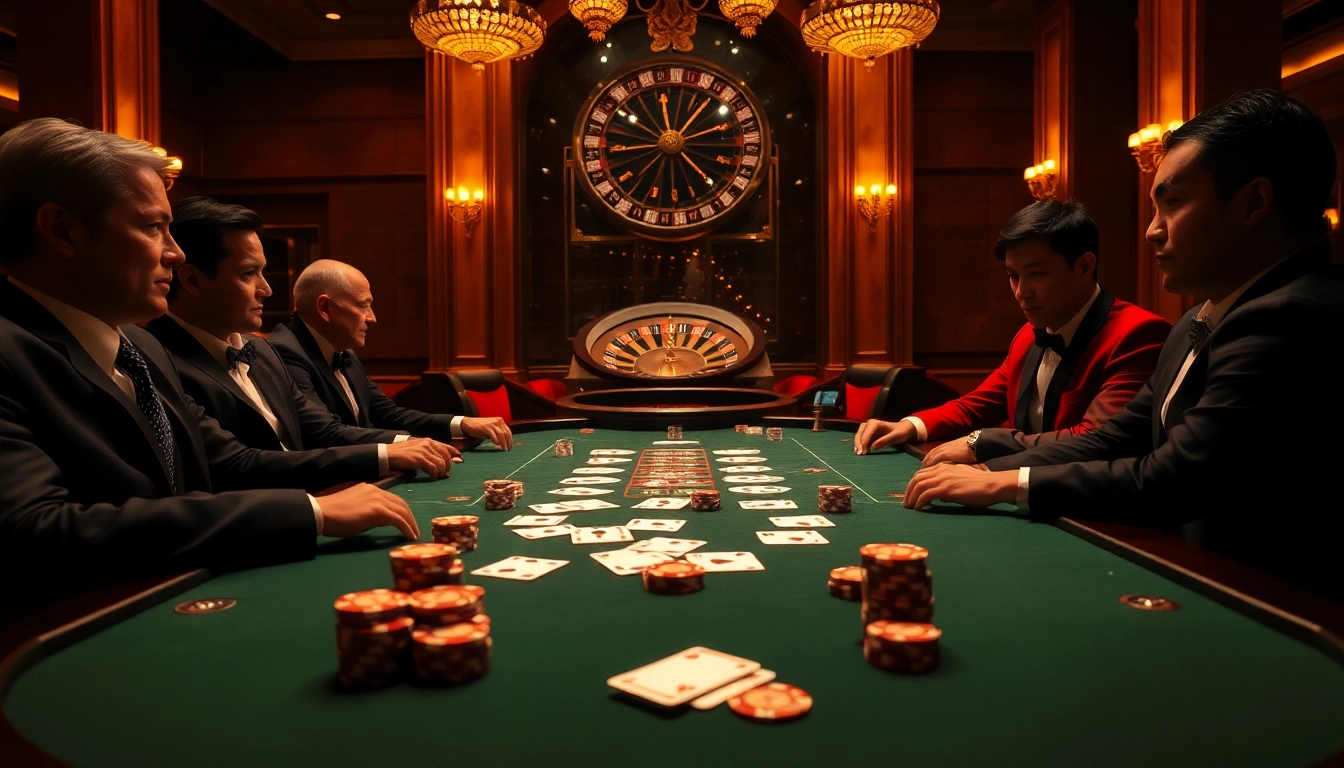High-stakes gameplay at 8day.cn.com casino with players engaging at a luxurious poker table.