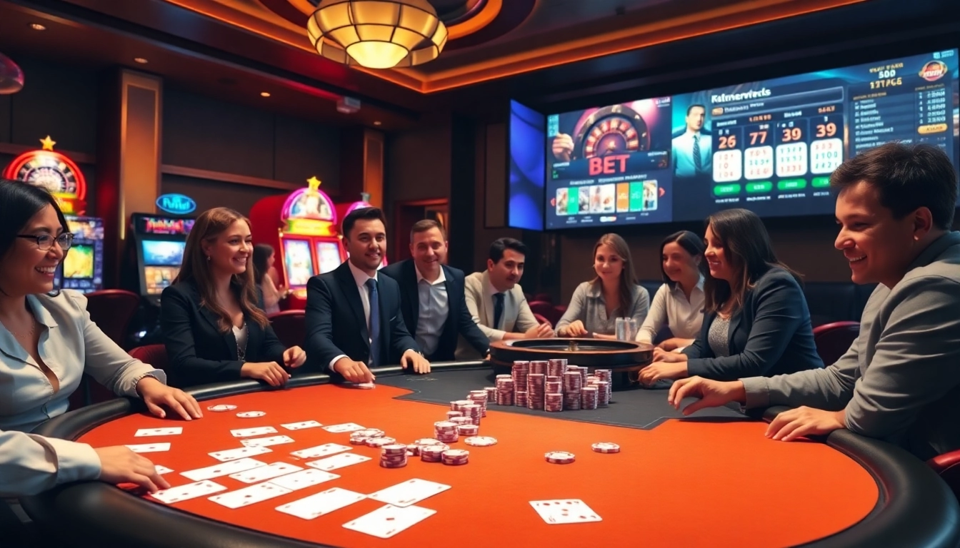 Experience the thrill of tr88 bet at an elegant poker table surrounded by vibrant casino elements.