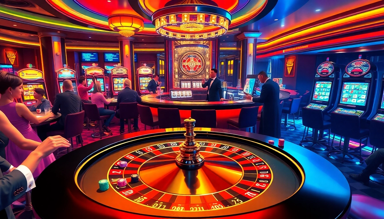 Play at the fun79 casino with vibrant roulette and engaging slot machines in an exciting setting.