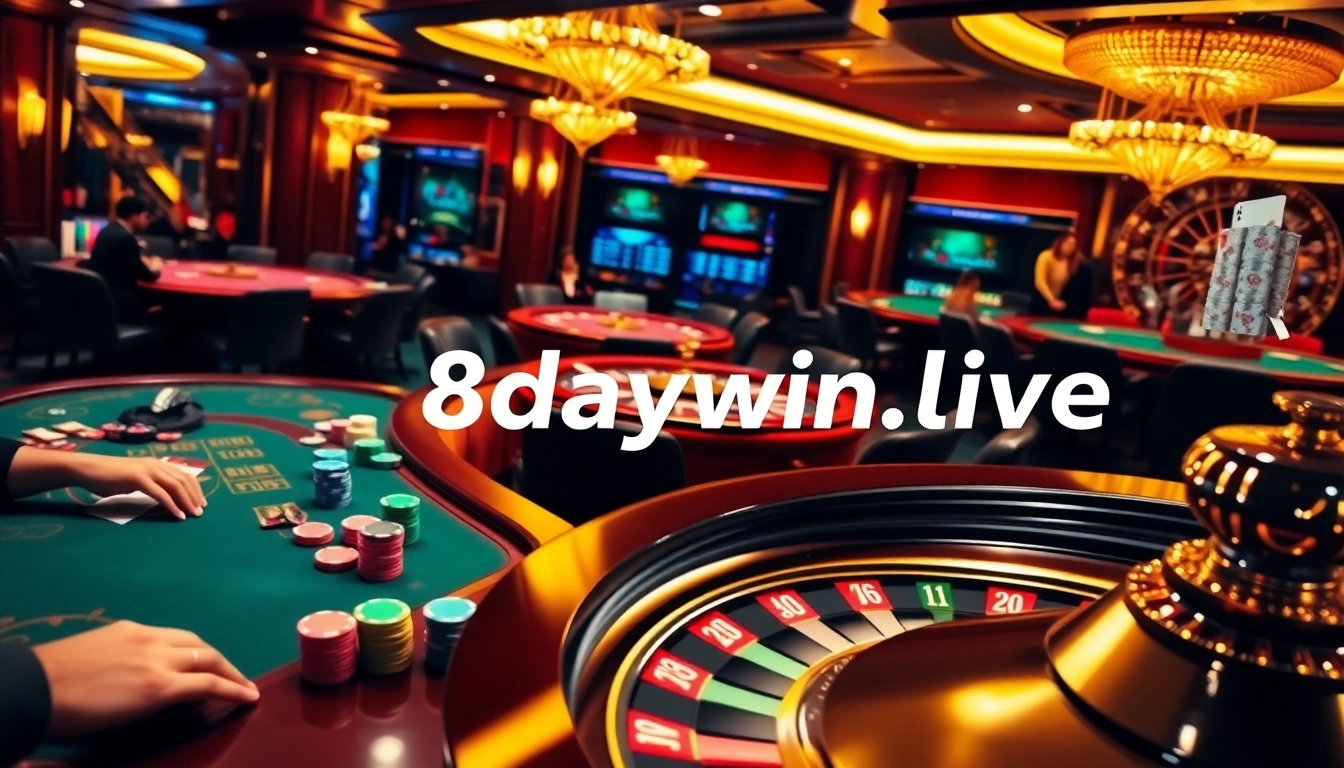 Players enjoy lively casino games at 8daywin.live, showcasing poker chips and a roulette table.