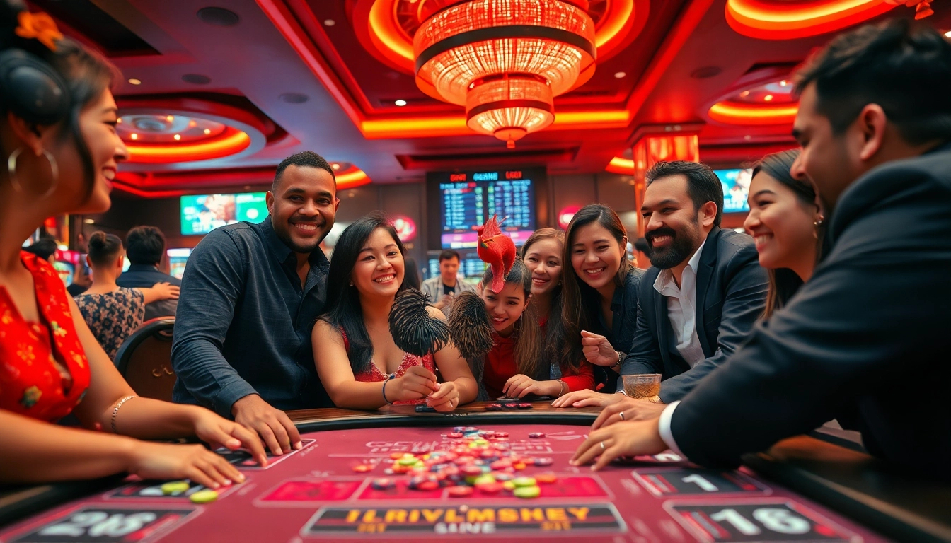 Diverse players enjoying live cockfighting at dagawin.live, showcasing vibrant casino atmosphere.