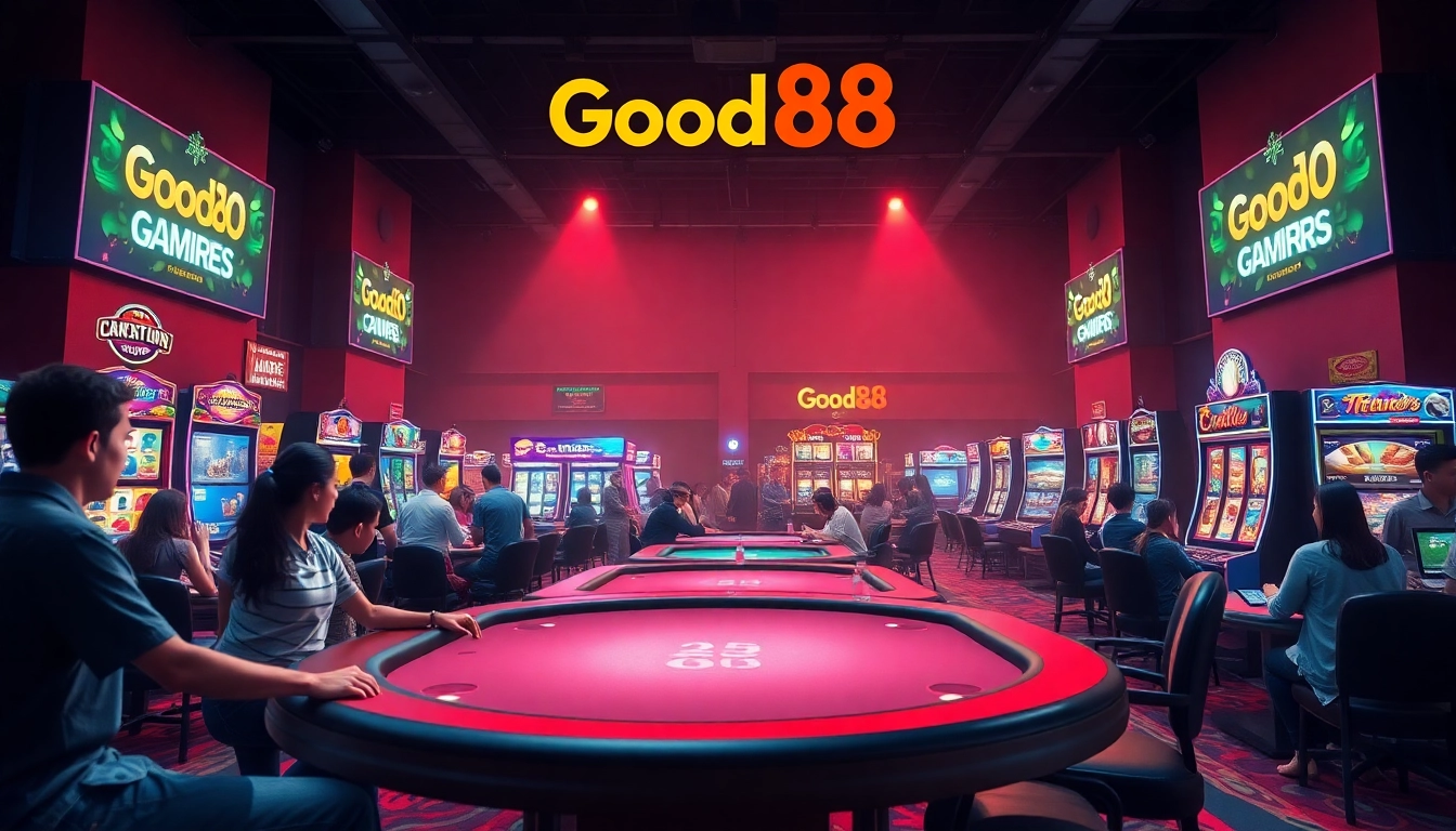 Online gaming scene featuring Good88.hu.net, showcasing a vibrant casino and excited players.