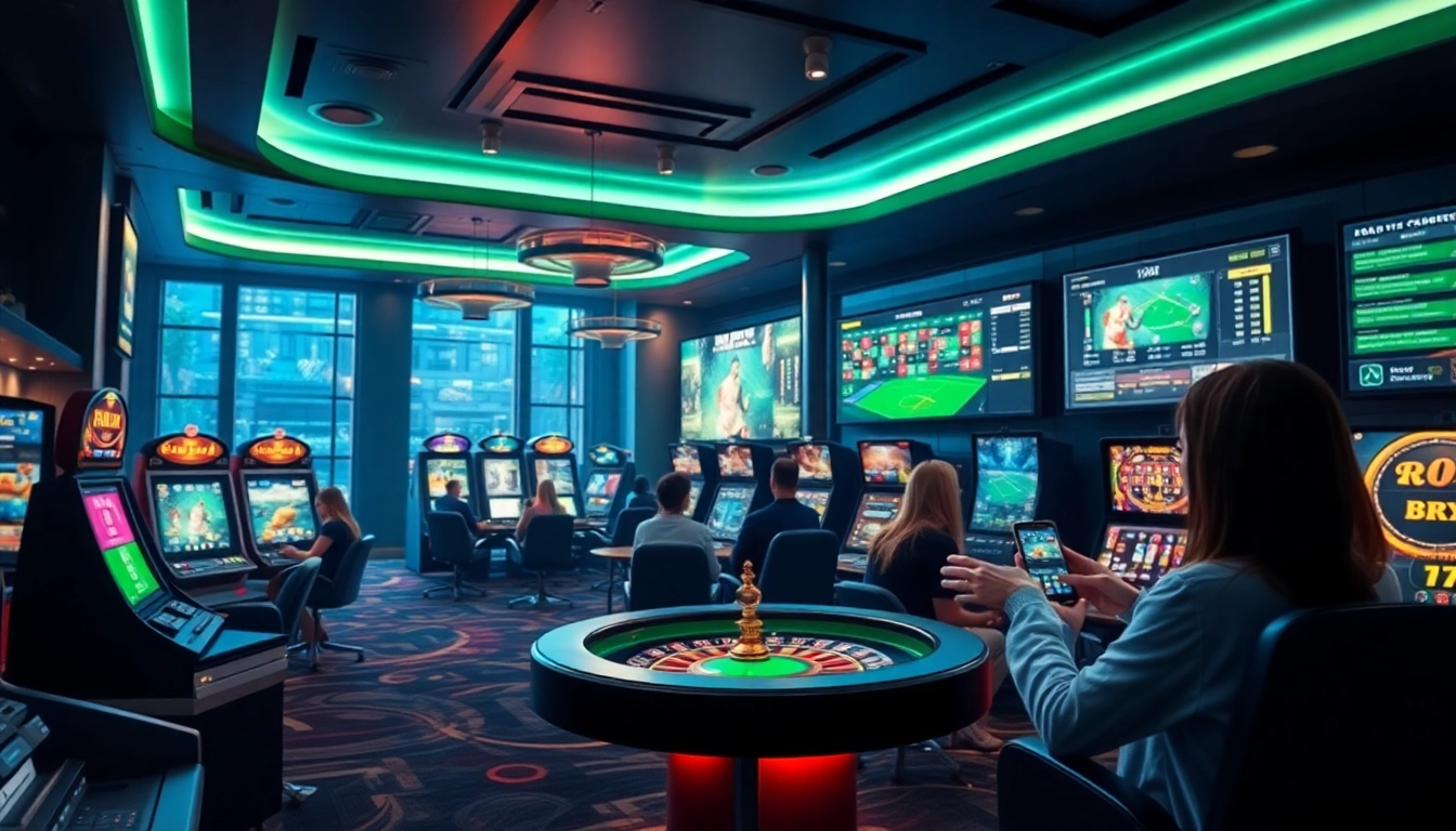 Vibrant casino scene showcasing online games at vin777.gb.net with players engaged in sports betting and poker.