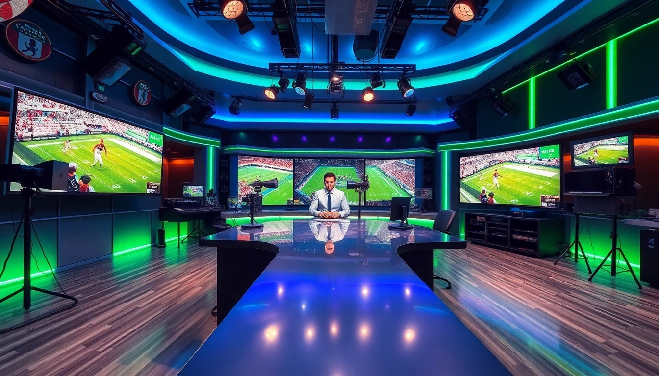Sports Broadcasting studio showcasing a dynamic host and high-tech setup.