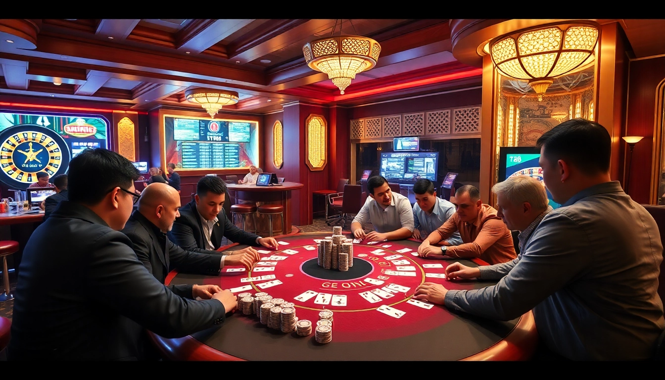 tt88 poker players strategizing over colorful chips at a luxurious casino table.