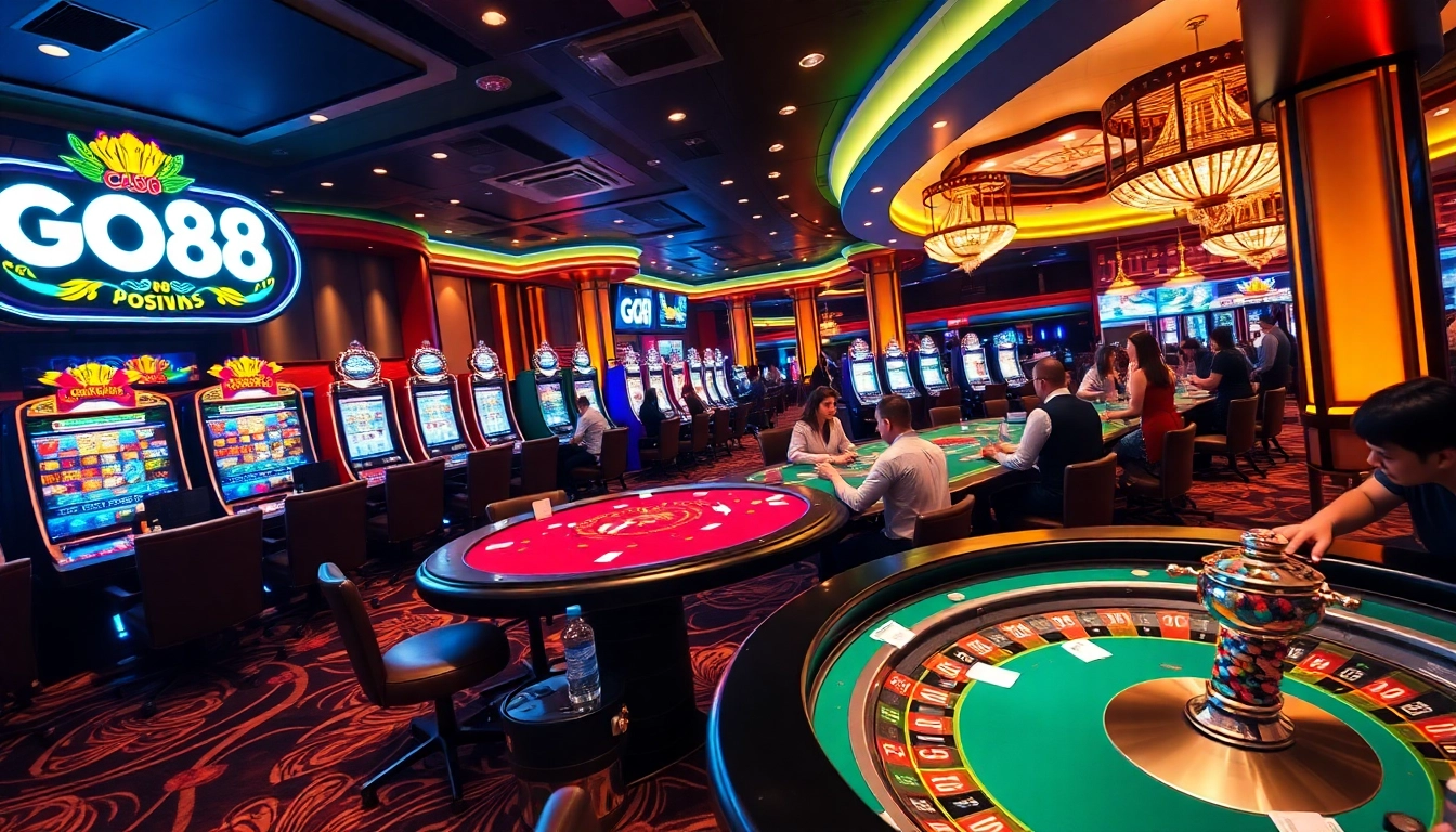 Exciting gaming session featuring GO88 poker and slot machines in a vibrant casino atmosphere.