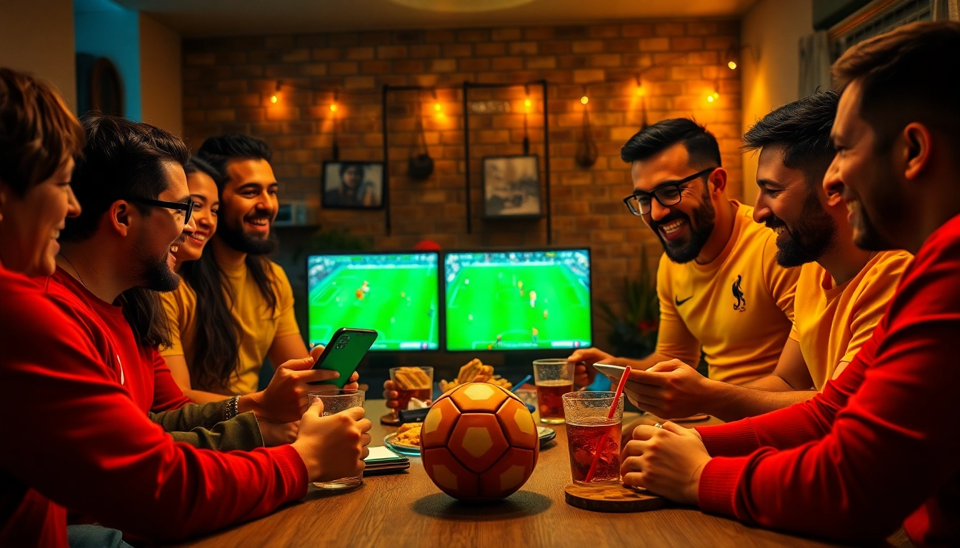 Excited football fans streaming live matches on CakhiaTV, showcasing vibrant community spirit.