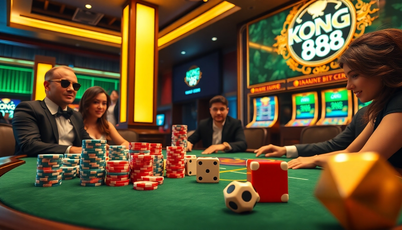 KONG 88 lively poker scene capturing excitement with players, chips, and sleek casino ambiance.