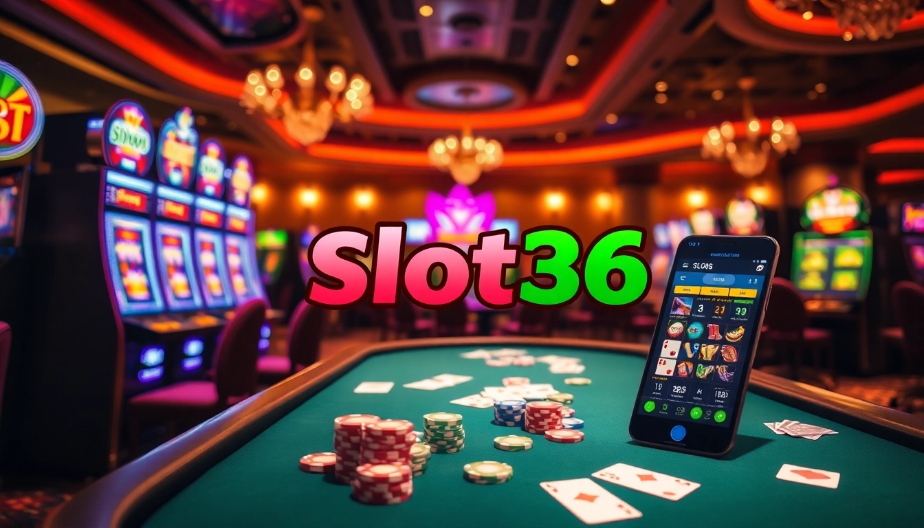 A dynamic casino image featuring link slot365 with vibrant slot machines and an engaging poker table scene.