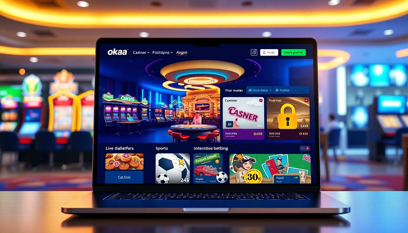 Online gaming interface showcasing Nhà cái OKATM's diverse offerings in a vibrant casino environment.