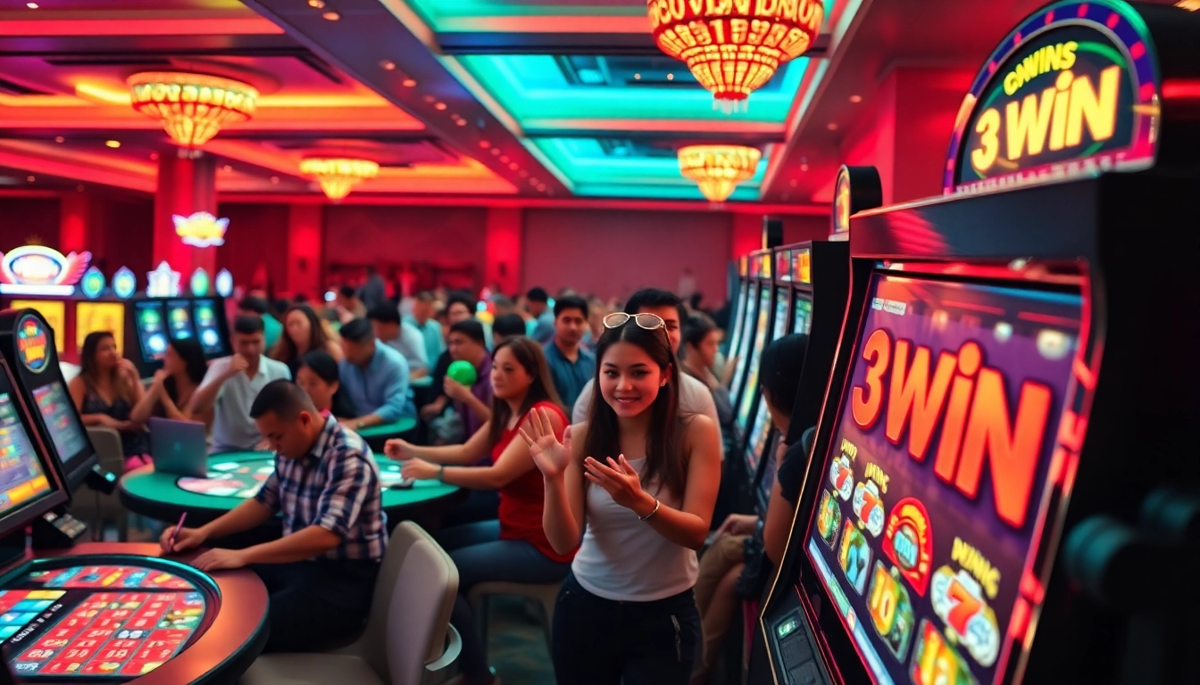 A group of excited players at a 3WIN casino celebrating a big win.