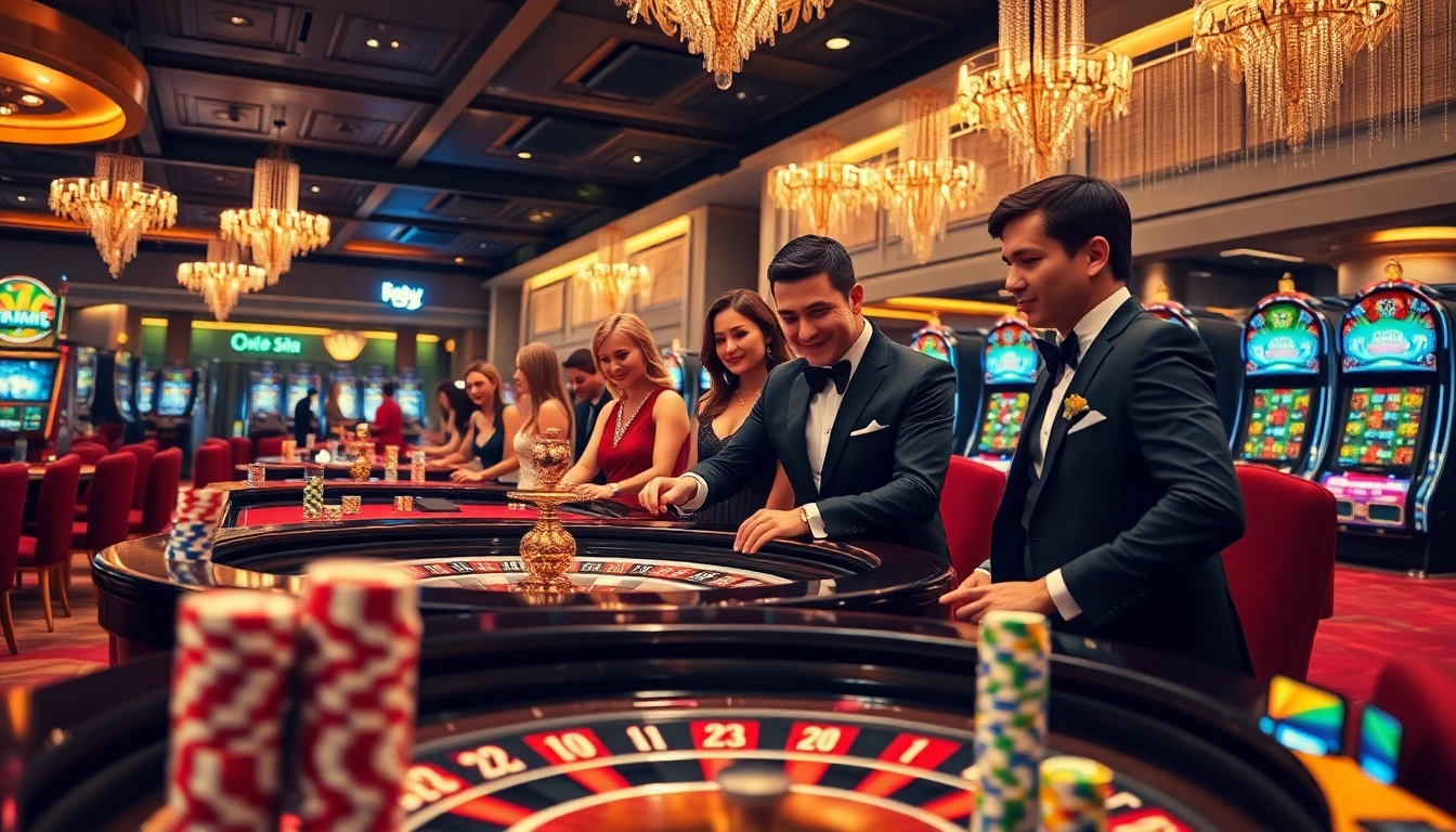 KKWin players enjoying a vibrant casino experience with roulette and slot machines.