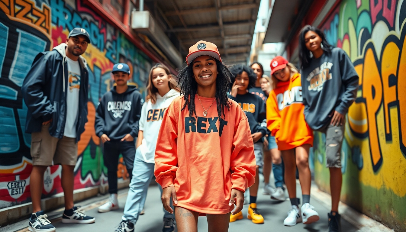 Stylish streetwear clothes displayed by diverse individuals in an urban environment