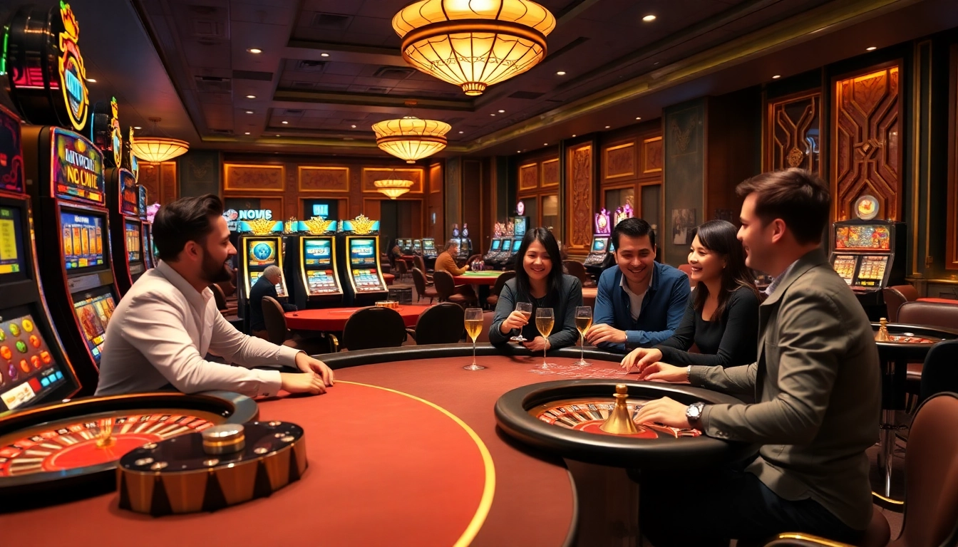 Nohu intersects with an engaging casino atmosphere, showcasing players enjoying poker, roulette, and celebratory wins.