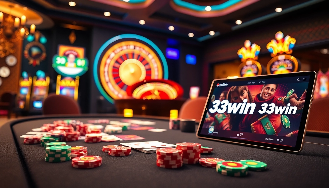Experience thrilling gameplay at 33win.com with vibrant casino tables and colorful poker chips.