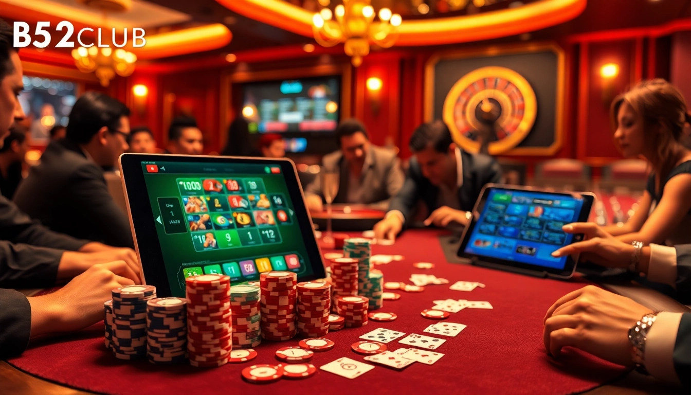 B52CLUB poker night scene showcasing vibrant chips and engaged players at a stylish table.