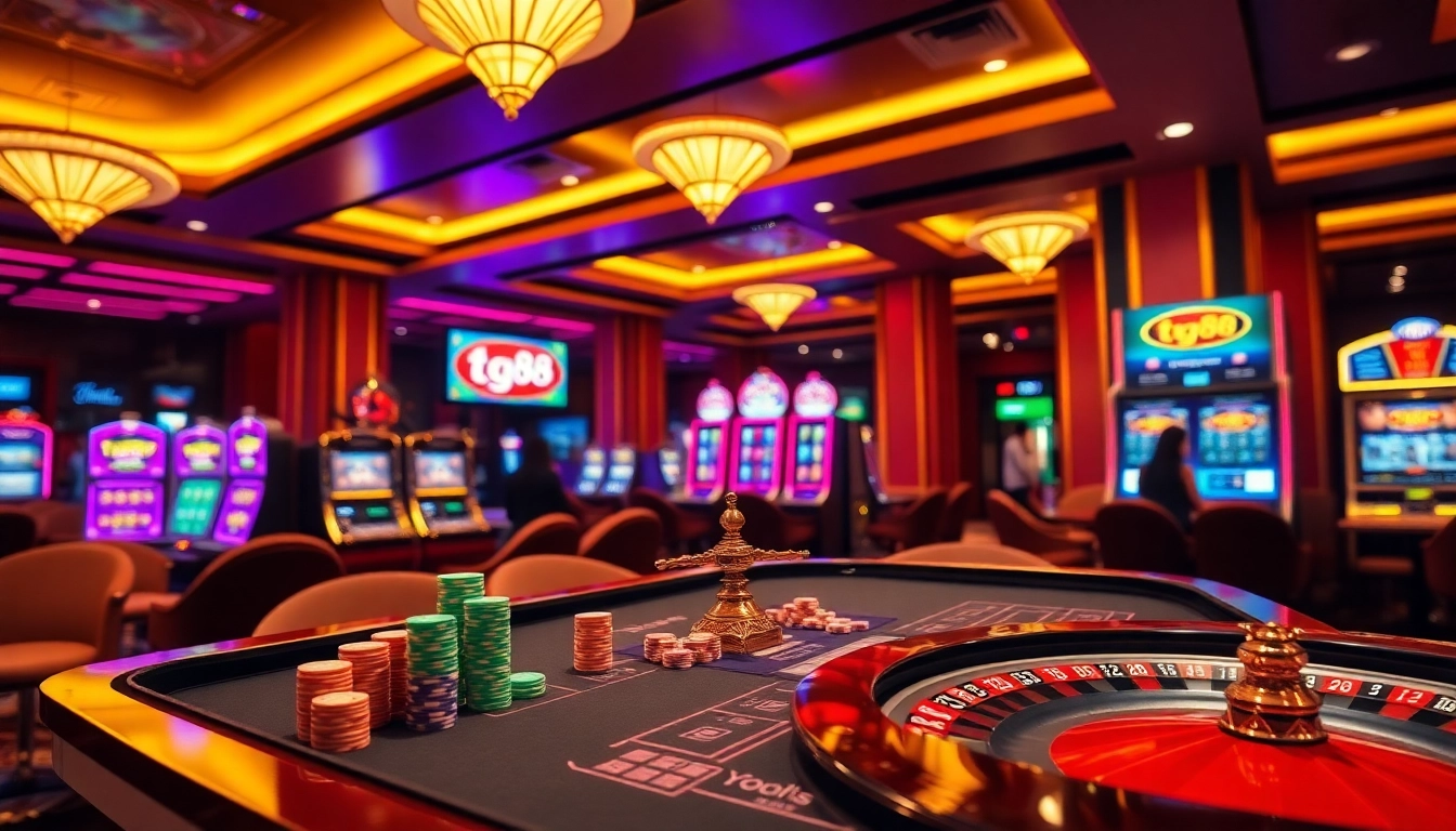tg88 casino scene with vibrant poker chips, illuminated slot machines, and exciting roulette wheel action.
