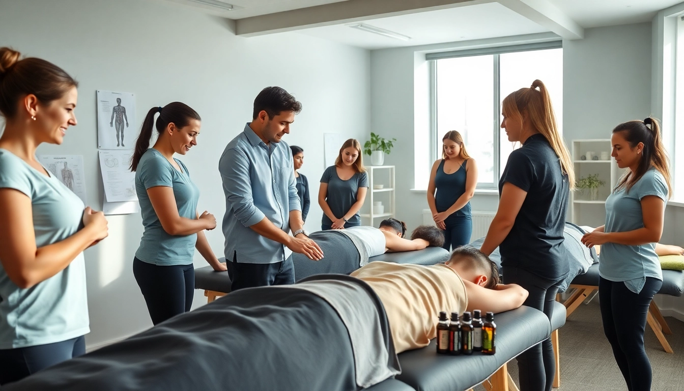 Sports massage course demonstrating students practicing techniques in a professional training environment.
