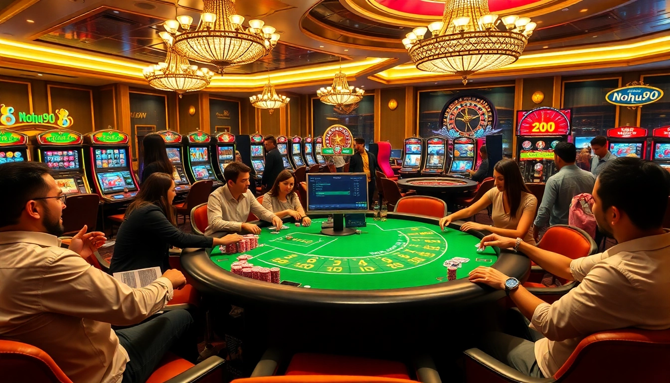 Players enjoying a thrilling game at nohu90's luxurious casino table with colorful chips and slot machines.