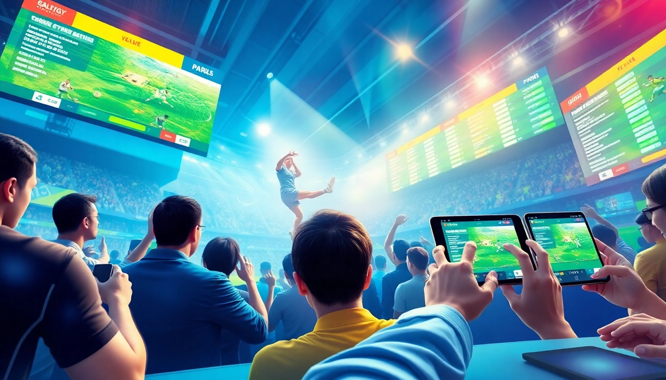 Dynamic illustration of a vibrant online betting platform showcasing tỷ lệ kèo and live sports interactions.
