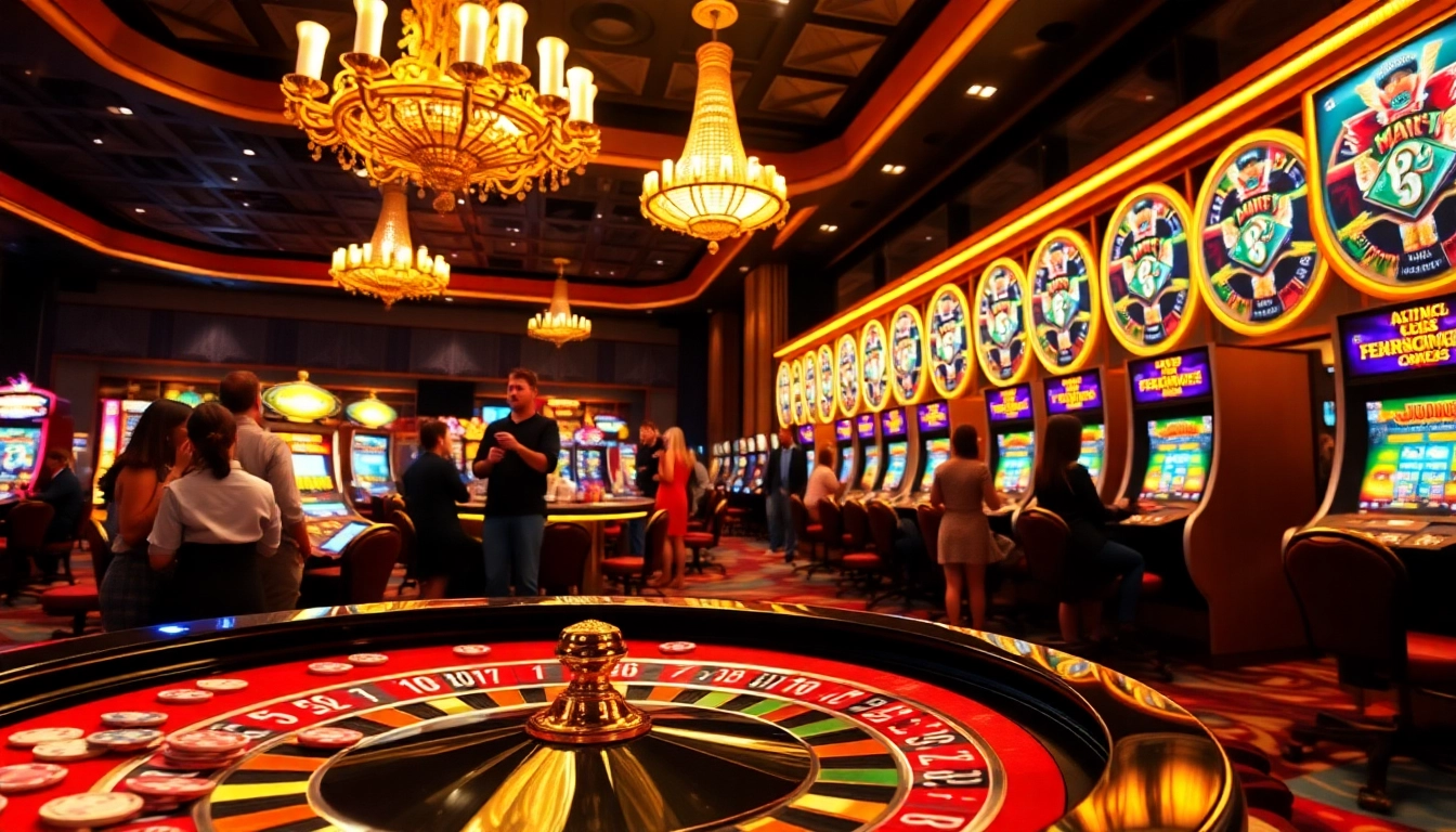 A dynamic scene showcasing gambling excitement at https://bl-555.com/ with engaging players at the roulette table and vibrant slot machines.
